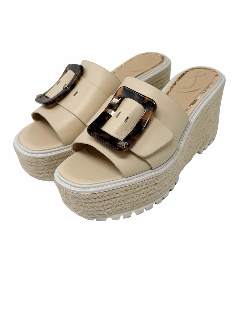 Sam Edelman Livi Buckle Platform Wedge Espadrille Sandals Size 8 Cream Tortoise